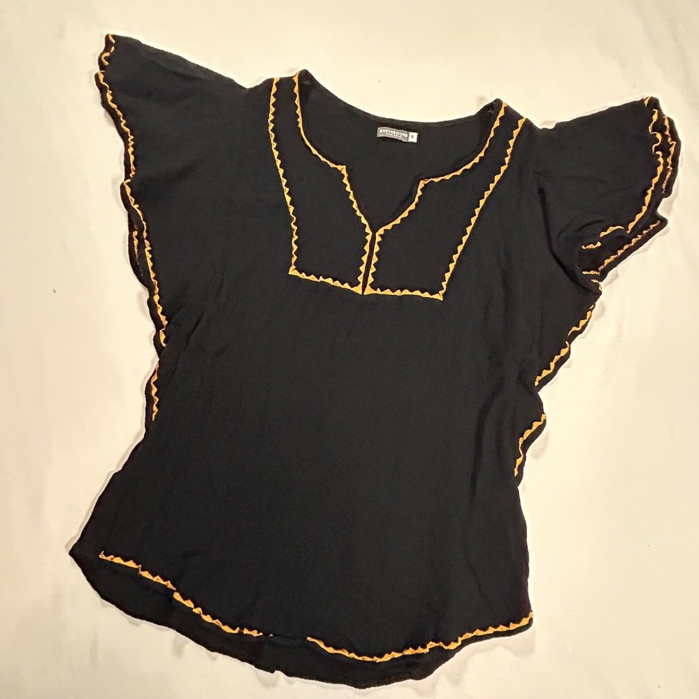 Earthbound Trading Co V Neck Top women S‎ Black Flutter Sleeve Boho Tunic